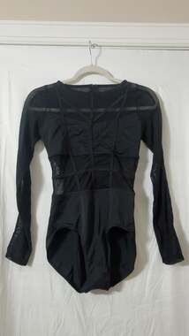 Weissman Cage Strap Detail Mesh Long Sleeve Leotard Black Size MA